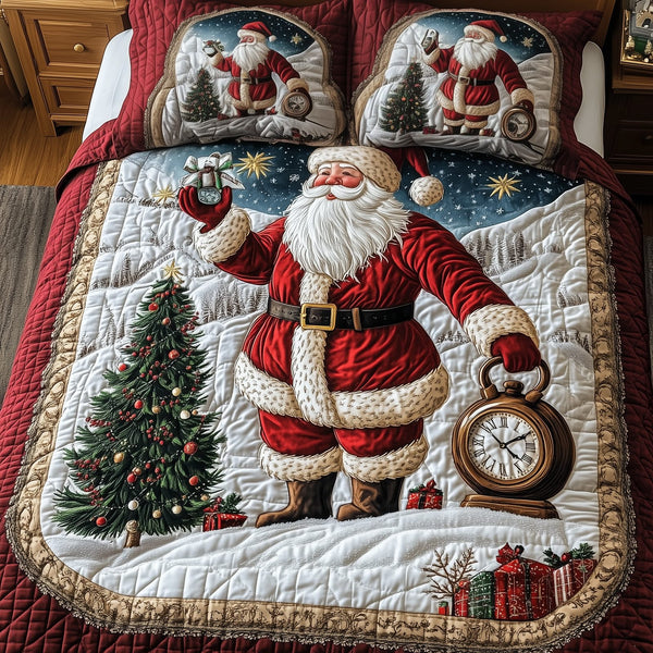 Vintage Santa quilted 3-piece bedding set on a made bed in a winter-styled bedroom