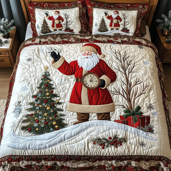 Vintage Santa quilted 3-piece bedding set on a made bed in a winter-styled bedroom