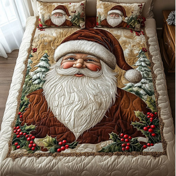Vintage Santa quilted 3-piece bedding set on a made bed in a winter-styled bedroom