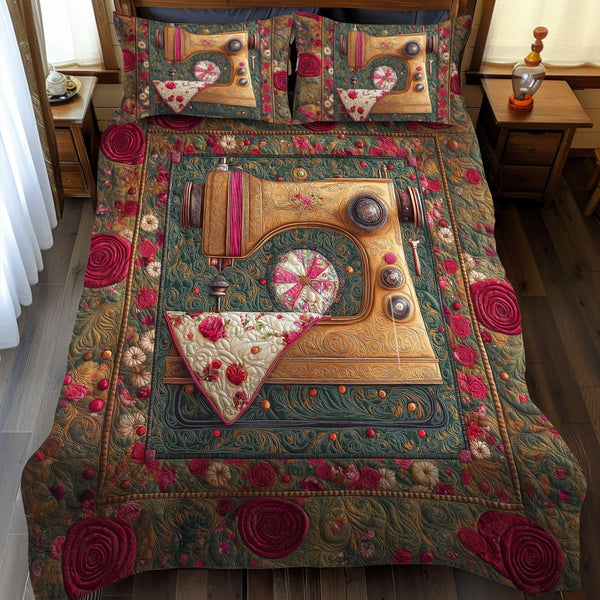 Vintage Sewing Haven quilted 3-piece bedding set on a made bed in a farmhouse bedroom