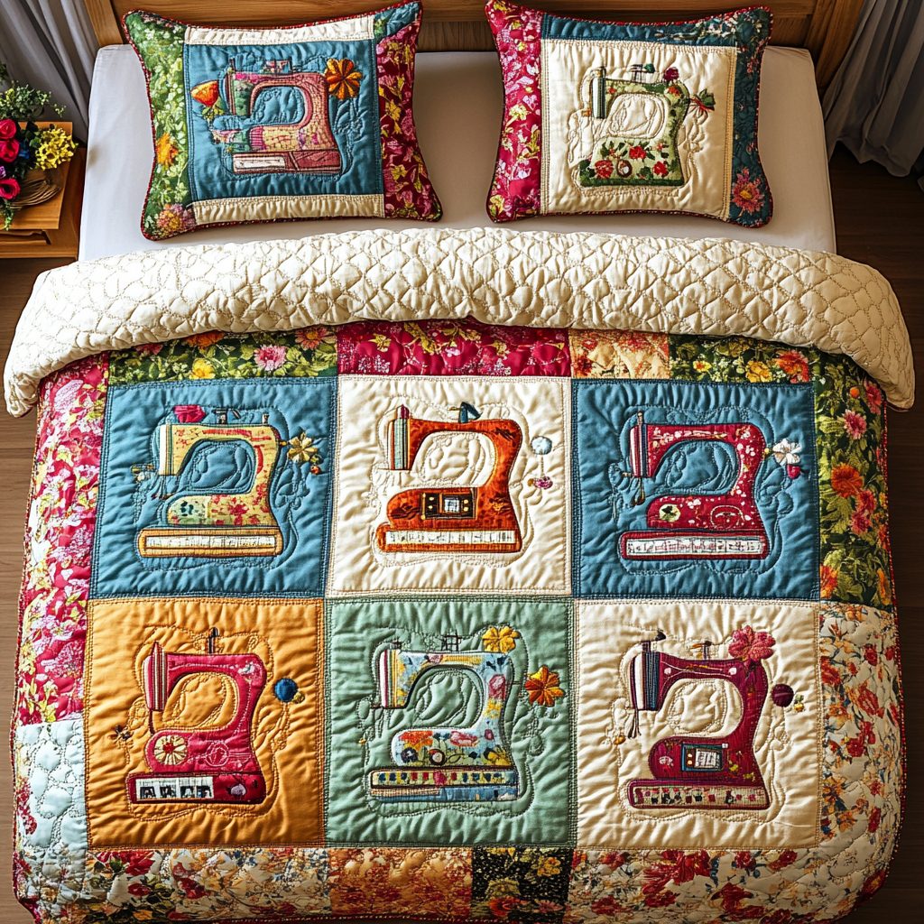 Vintage Sewing Machine quilted 3-piece bedding set on a made bed in a farmhouse bedroom