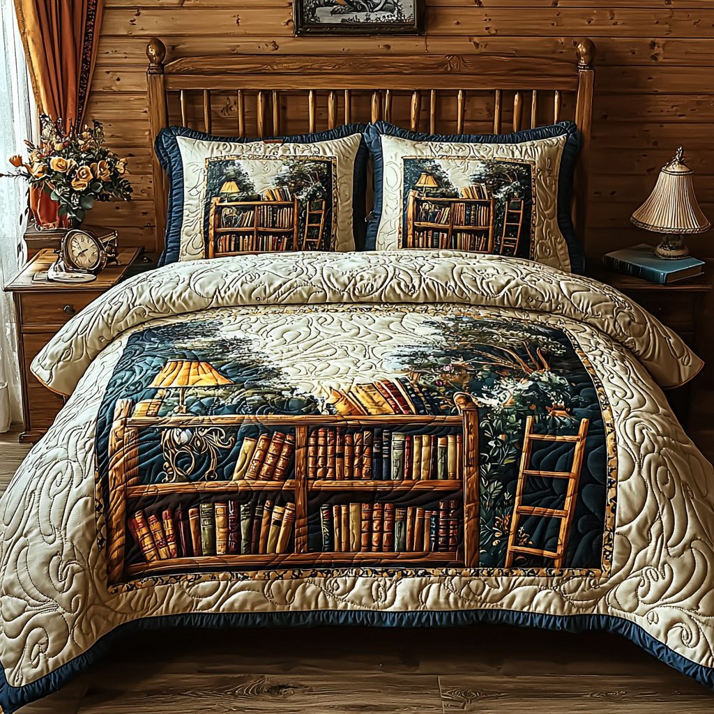 Vintage Shelf quilted 3-piece bedding set on a made bed in a farmhouse bedroom