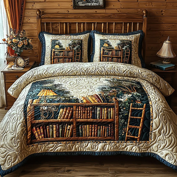 Vintage Shelf quilted 3-piece bedding set on a made bed in a farmhouse bedroom