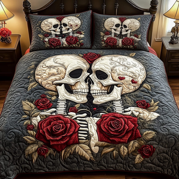 Vintage Skull Couple quilted 3-piece bedding set on a made bed against a dark styled interior