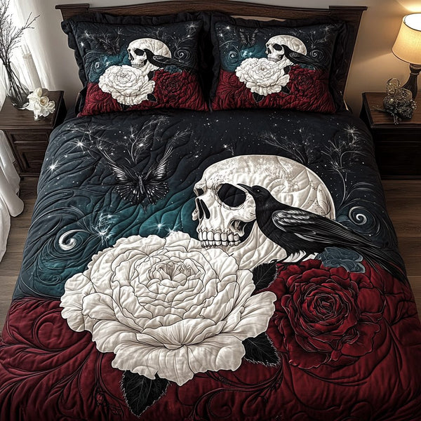 Vintage Skull Dreams quilted 3-piece bedding set on a made bed against a dark styled interior