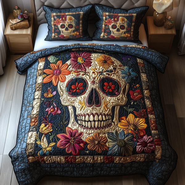 Vintage Skull quilted 3-piece bedding set on a made bed against a dark styled interior