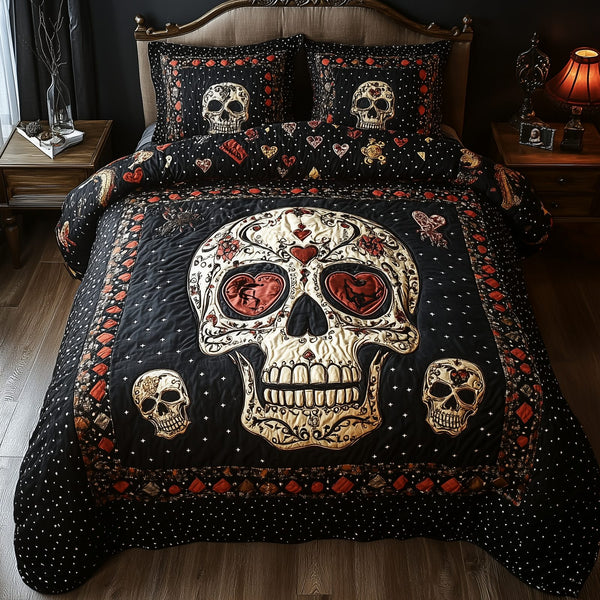 Vintage Skull quilted 3-piece bedding set on a made bed against a dark styled interior