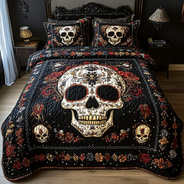 Vintage Skull quilted 3-piece bedding set on a made bed against a dark styled interior