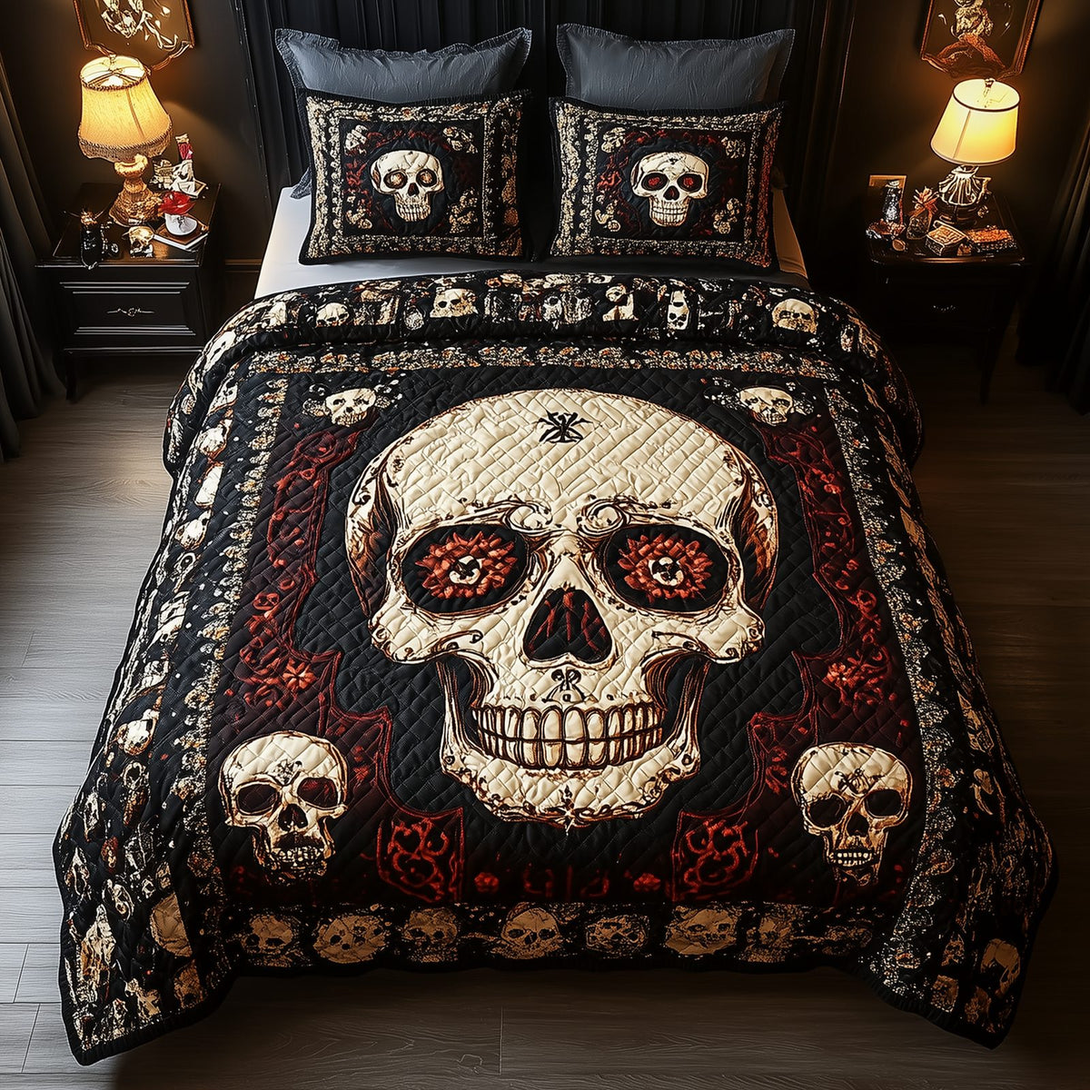 Vintage Skull quilted 3-piece bedding set on a made bed against a dark styled interior