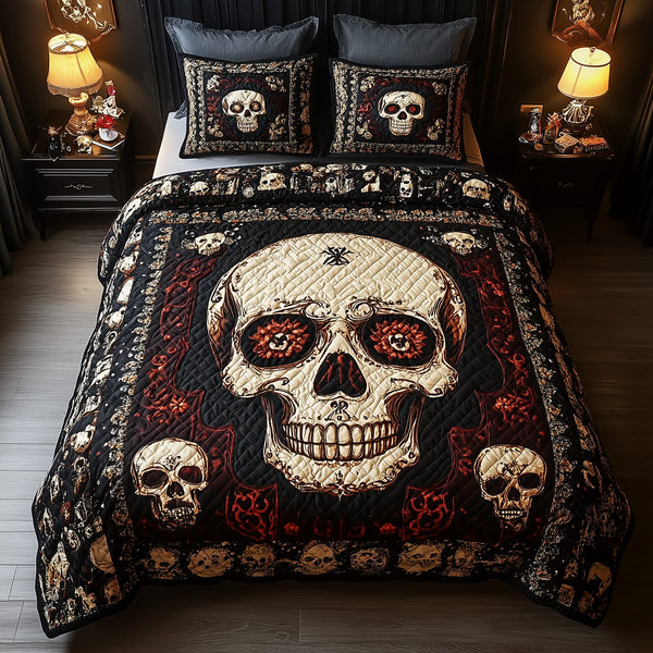 Vintage Skull quilted 3-piece bedding set on a made bed against a dark styled interior