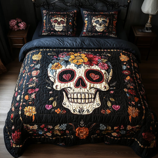 Vintage Skull quilted 3-piece bedding set on a made bed against a dark styled interior