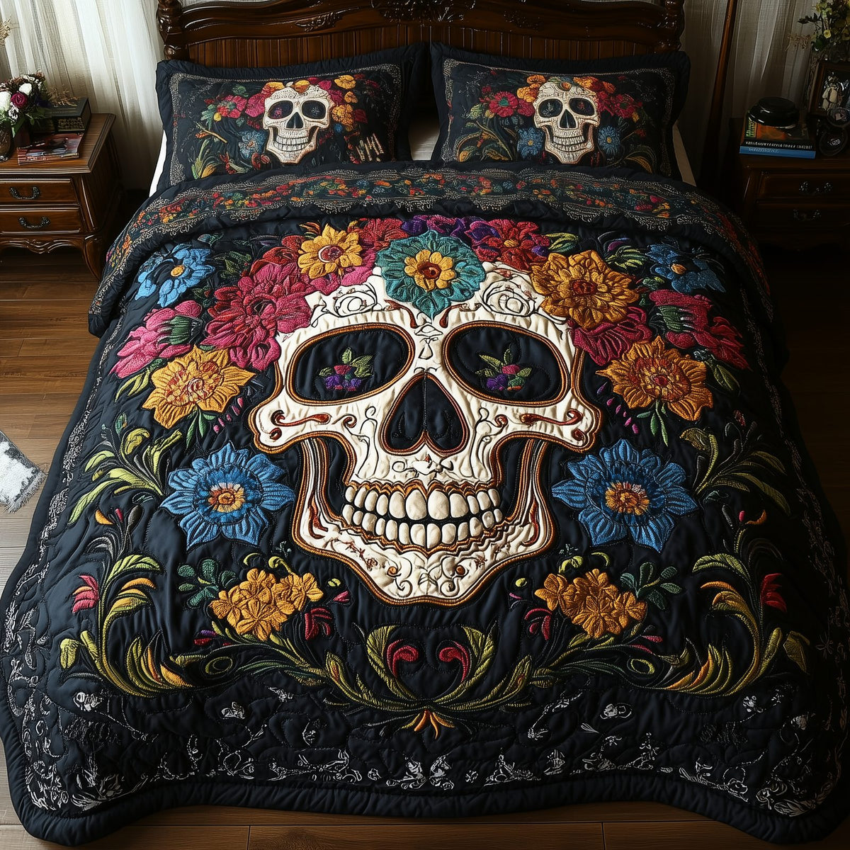 Vintage Skull quilted 3-piece bedding set on a made bed against a dark styled interior