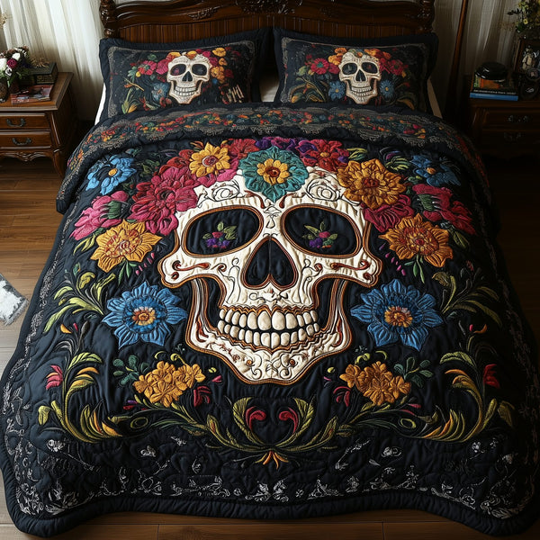 Vintage Skull quilted 3-piece bedding set on a made bed against a dark styled interior