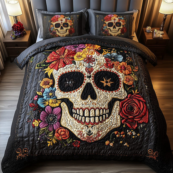 Vintage Skull quilted 3-piece bedding set on a made bed against a dark styled interior