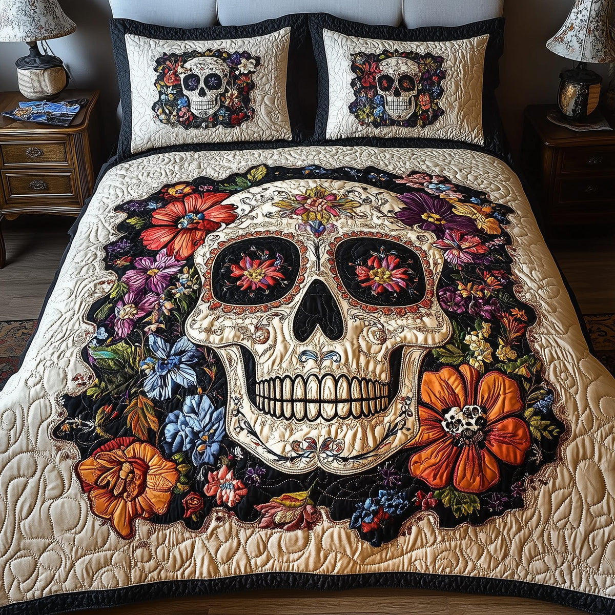 Vintage Skull quilted 3-piece bedding set on a made bed against a dark styled interior