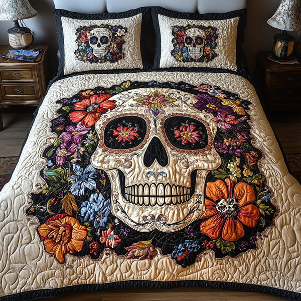 Vintage Skull quilted 3-piece bedding set on a made bed against a dark styled interior