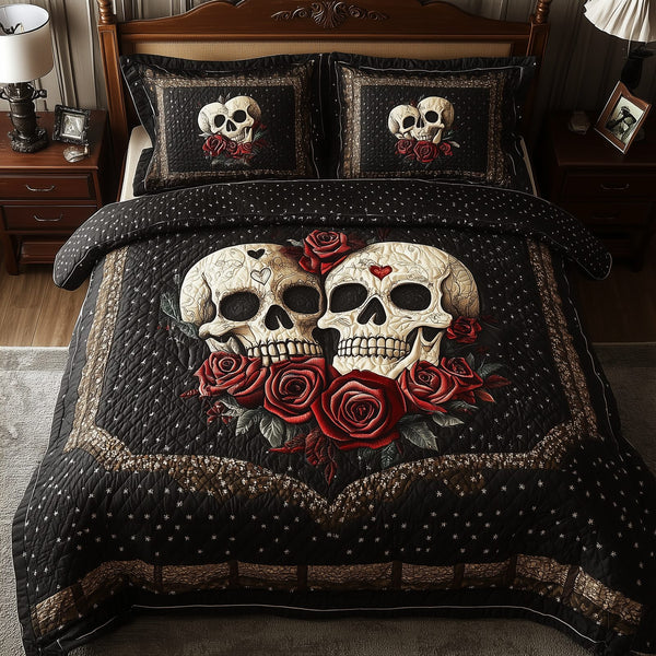 Vintage Skull quilted 3-piece bedding set on a made bed against a dark styled interior