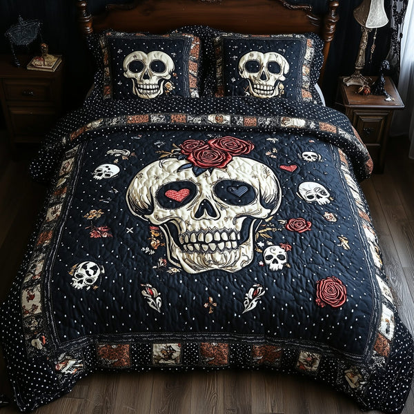 Vintage Skull quilted 3-piece bedding set on a made bed against a dark styled interior
