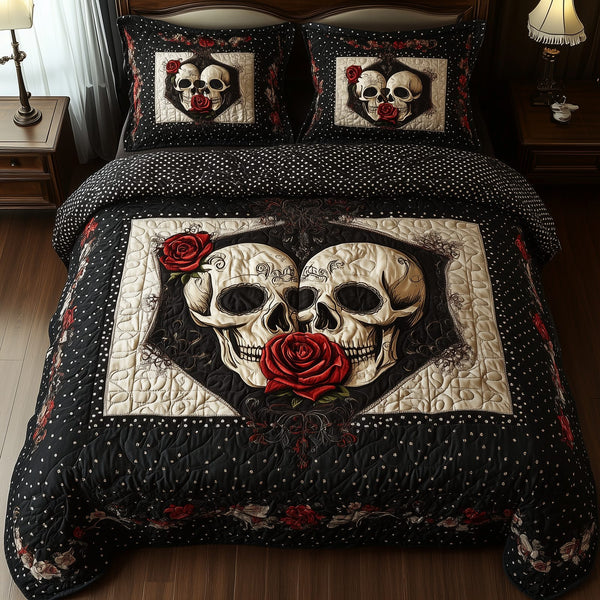 Vintage Skull quilted 3-piece bedding set on a made bed against a dark styled interior