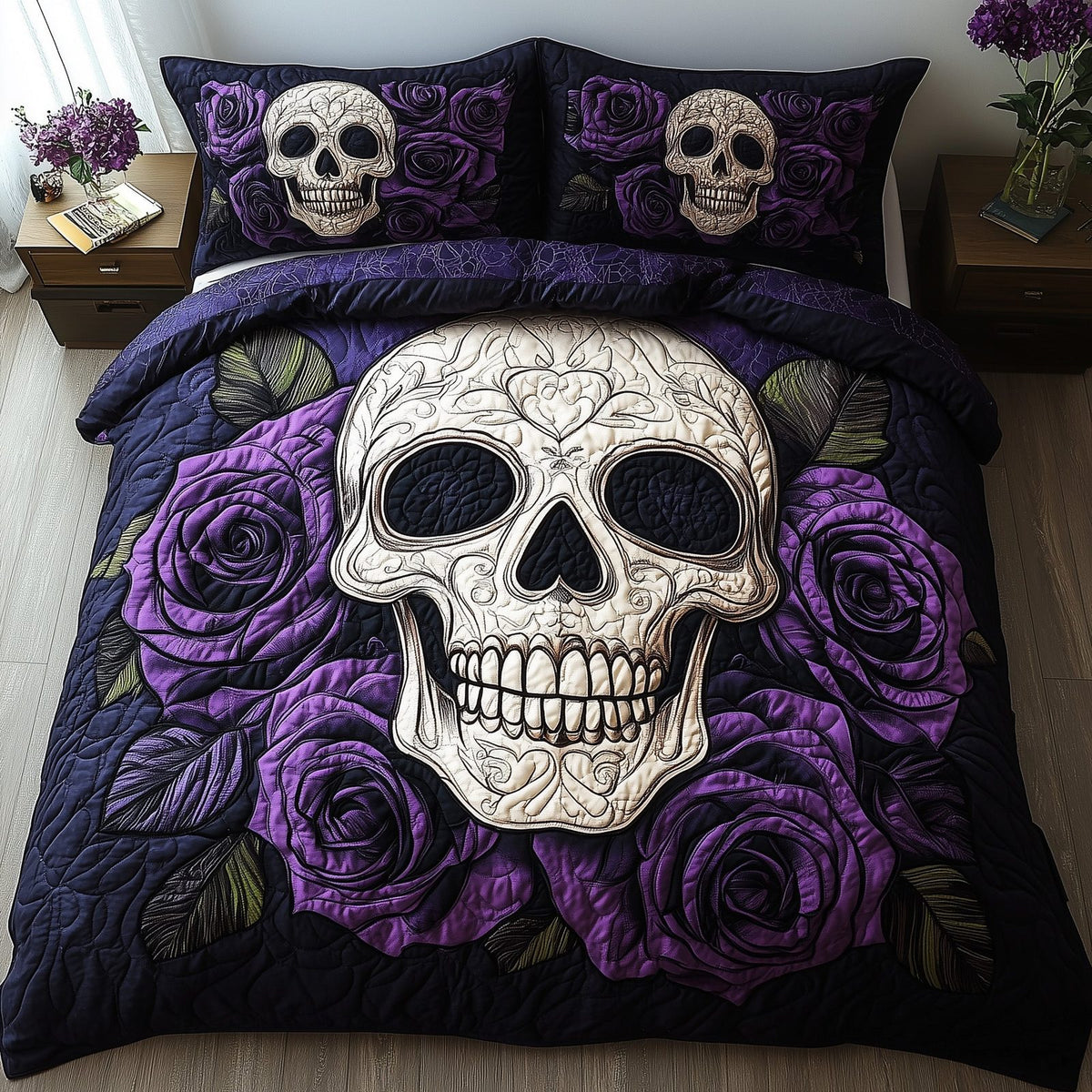 Vintage Skull quilted 3-piece bedding set on a made bed against a dark styled interior