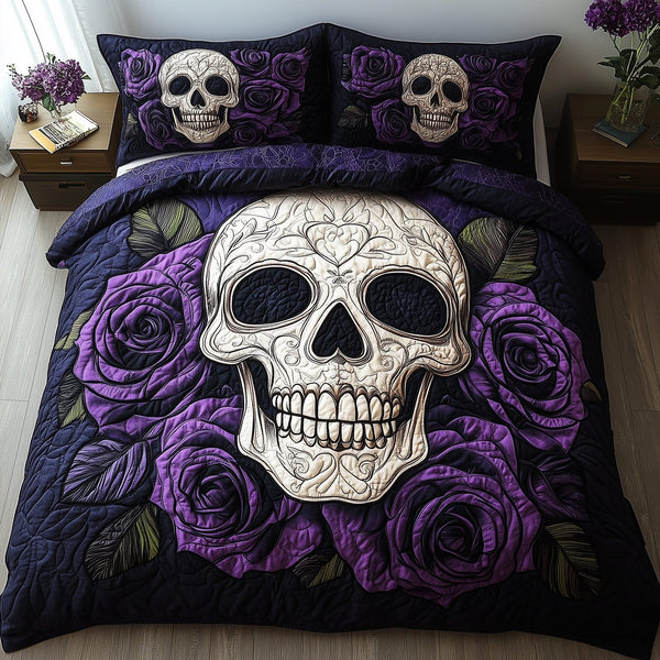 Vintage Skull quilted 3-piece bedding set on a made bed against a dark styled interior
