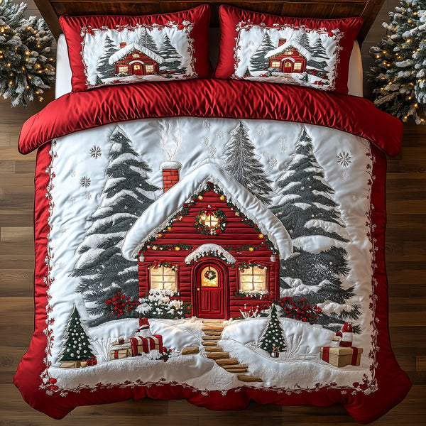 Vintage Snow Cabin quilted 3-piece bedding set on a made bed in a farmhouse bedroom