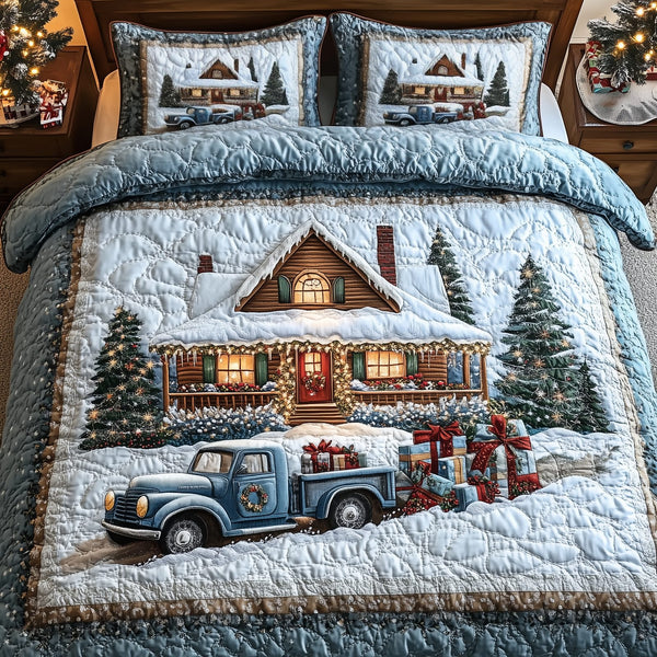 Vintage Snow Cabin quilted 3-piece bedding set on a made bed in a farmhouse bedroom