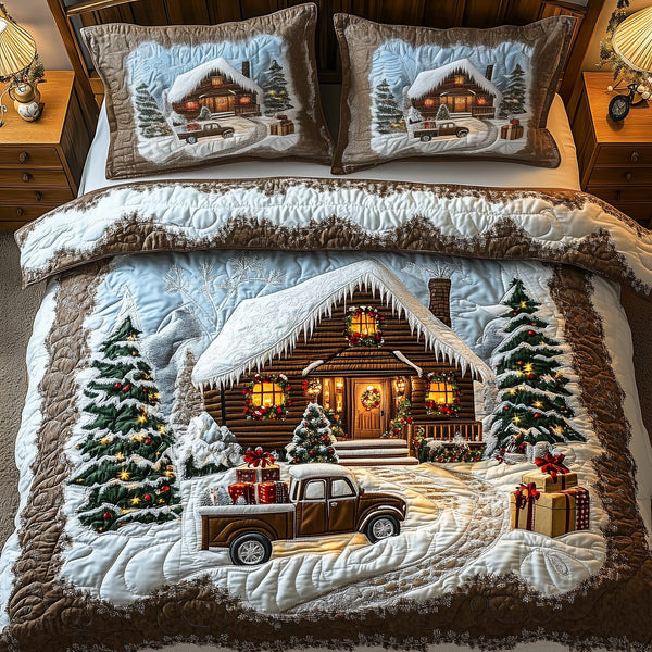 Vintage Snow Cabin quilted 3-piece bedding set on a made bed in a farmhouse bedroom
