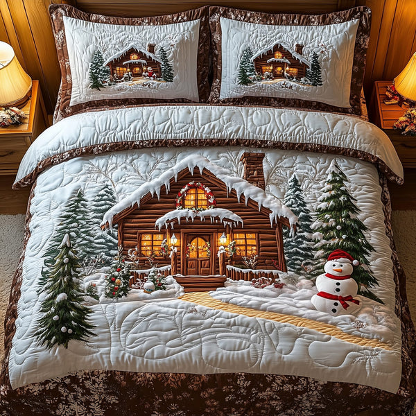 Vintage Snow Cabin quilted 3-piece bedding set on a made bed in a farmhouse bedroom