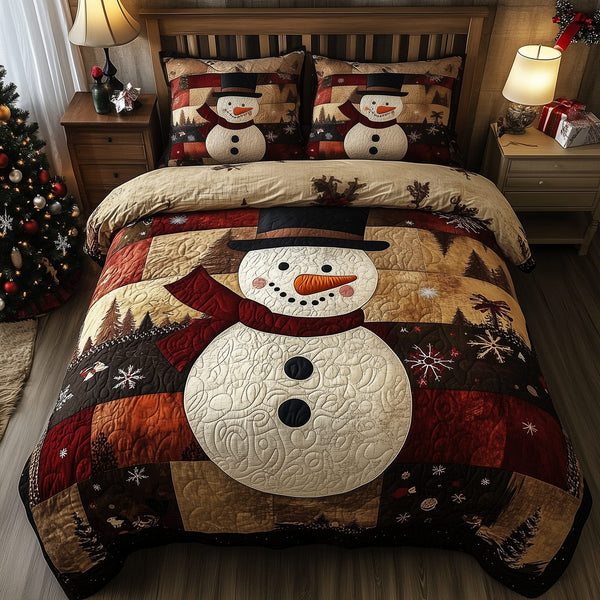 Vintage Snowman quilted 3-piece bedding set on a made bed in a winter-styled bedroom