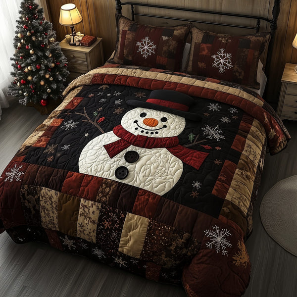 Vintage Snowman quilted 3-piece bedding set on a made bed in a winter-styled bedroom