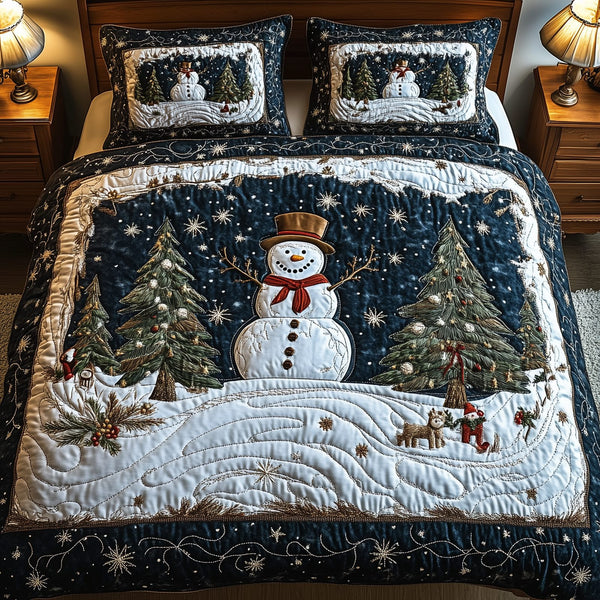 Vintage Snowman quilted 3-piece bedding set on a made bed in a winter-styled bedroom