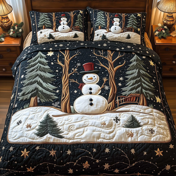 Vintage Snowman quilted 3-piece bedding set on a made bed in a winter-styled bedroom
