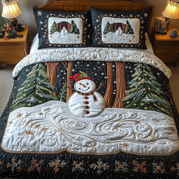 Vintage Snowman quilted 3-piece bedding set on a made bed in a winter-styled bedroom
