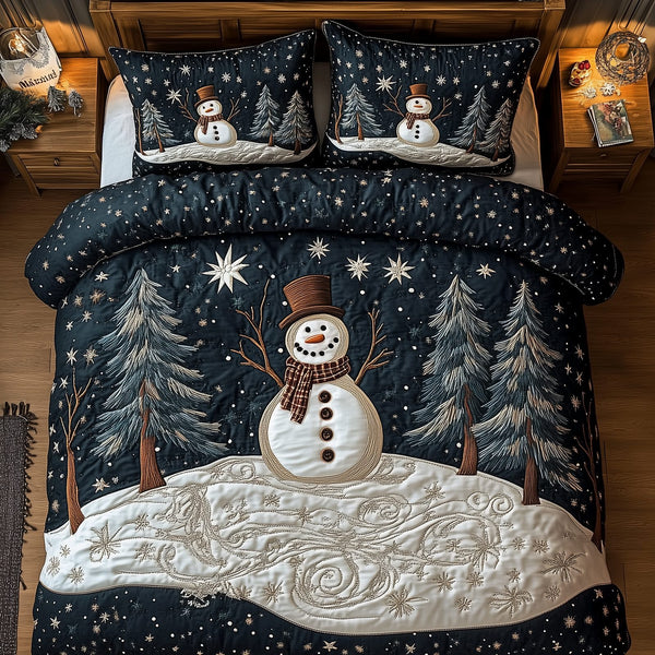 Vintage Snowman quilted 3-piece bedding set on a made bed in a winter-styled bedroom