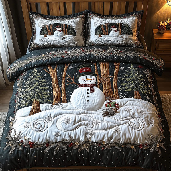 Vintage Snowman quilted 3-piece bedding set on a made bed in a winter-styled bedroom