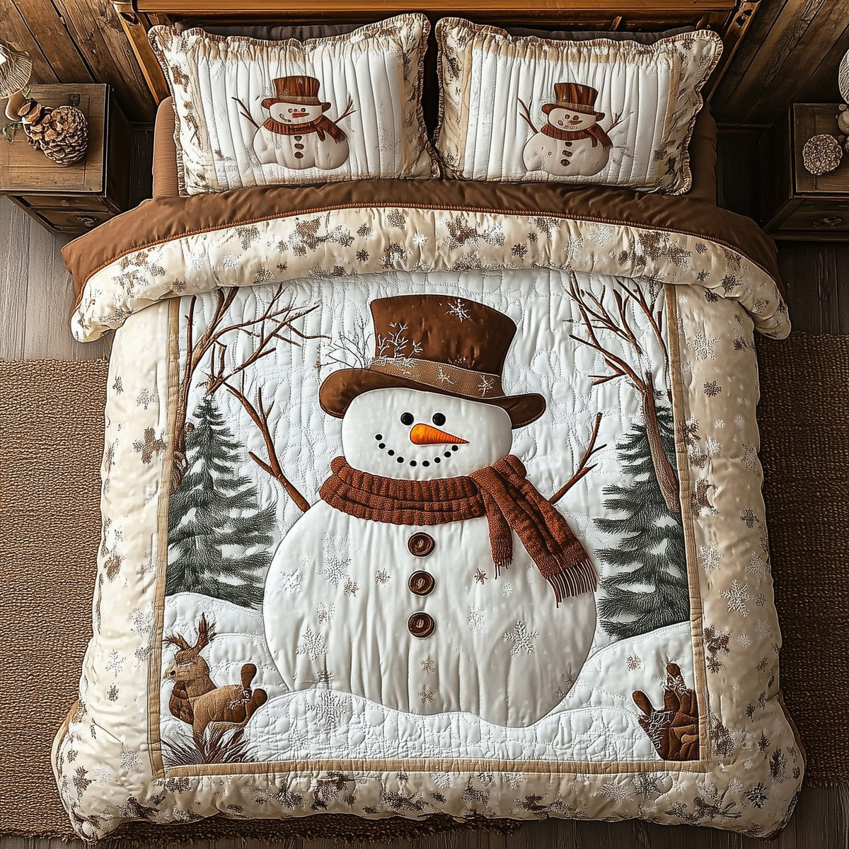 Vintage Snowman quilted 3-piece bedding set on a made bed in a winter-styled bedroom