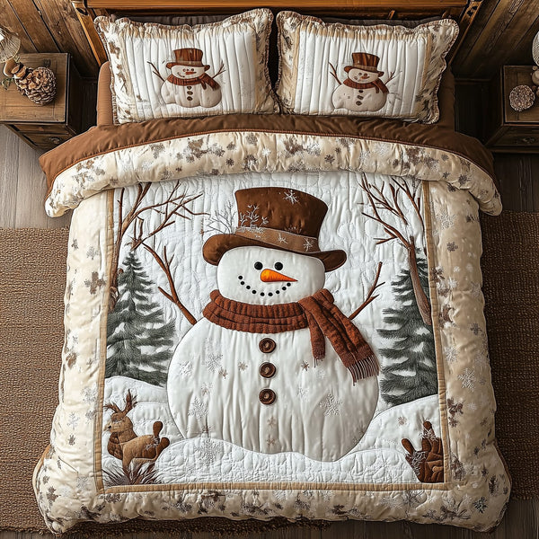 Vintage Snowman quilted 3-piece bedding set on a made bed in a winter-styled bedroom