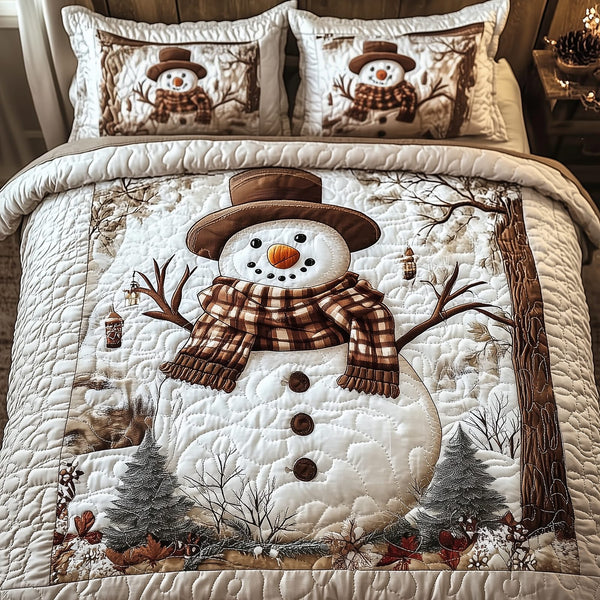Vintage Snowman quilted 3-piece bedding set on a made bed in a winter-styled bedroom