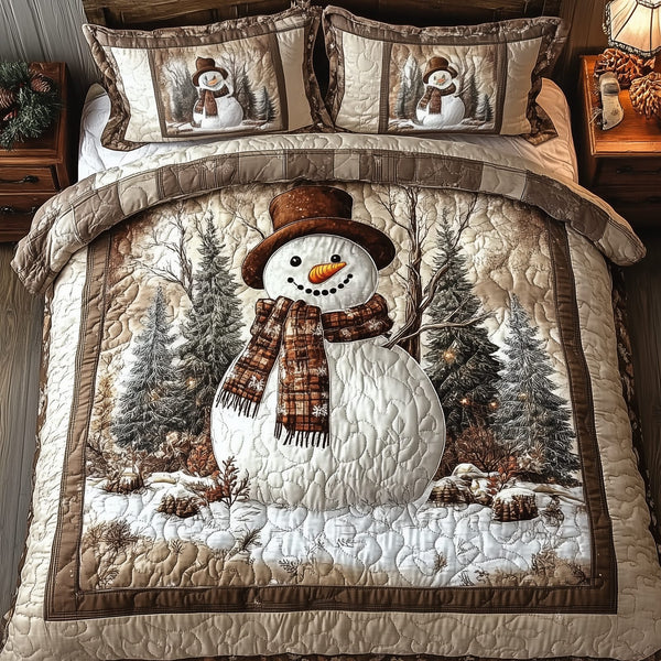 Vintage Snowman quilted 3-piece bedding set on a made bed in a winter-styled bedroom