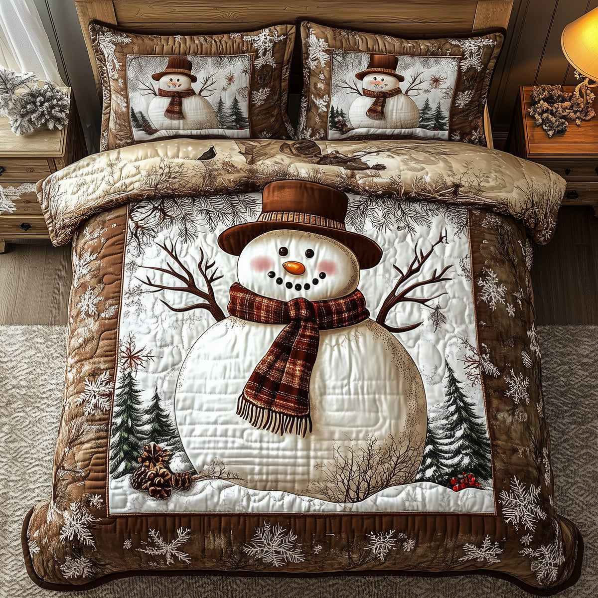 Vintage Snowman quilted 3-piece bedding set on a made bed in a winter-styled bedroom