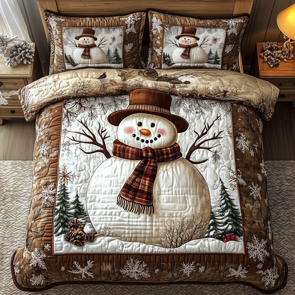 Vintage Snowman quilted 3-piece bedding set on a made bed in a winter-styled bedroom