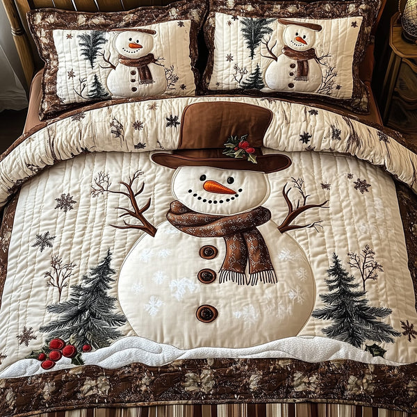 Vintage Snowman quilted 3-piece bedding set on a made bed in a winter-styled bedroom