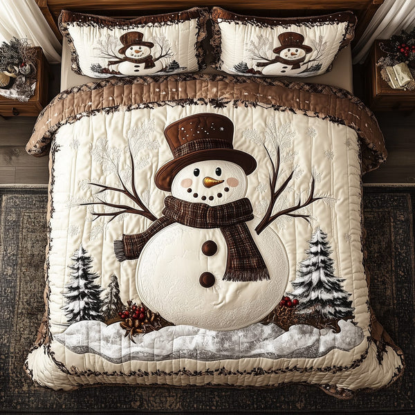 Vintage Snowman quilted 3-piece bedding set on a made bed in a winter-styled bedroom