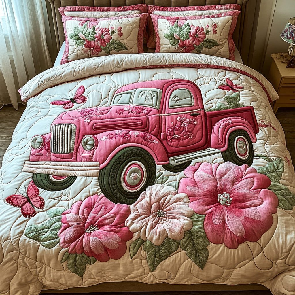 Vintage Spring Pink Truck quilted 3-piece bedding set on a made bed in a farmhouse bedroom