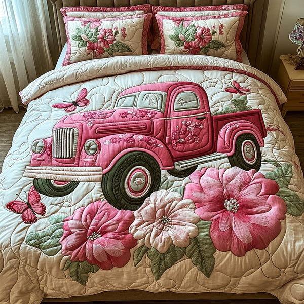 Vintage Spring Pink Truck quilted 3-piece bedding set on a made bed in a farmhouse bedroom