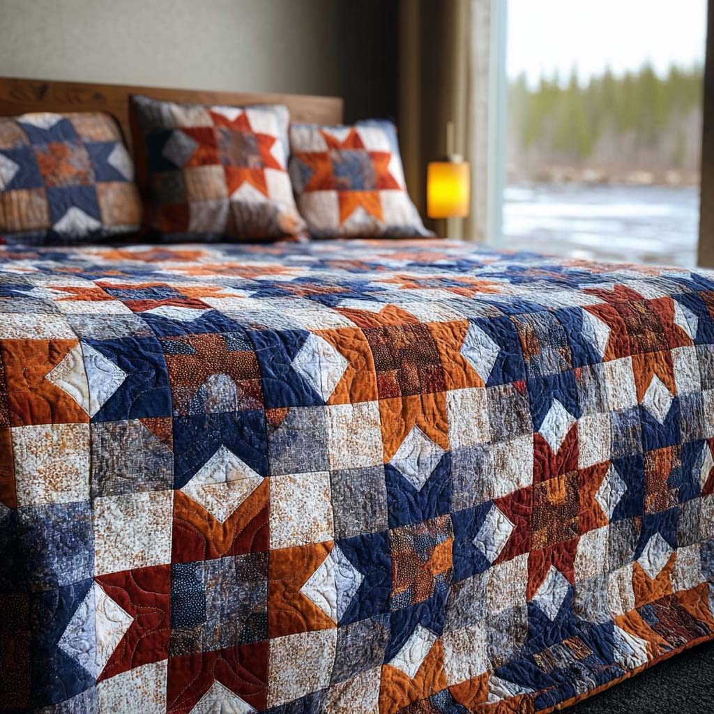 Vintage Starfire quilted 3-piece bedding set on a made bed in a farmhouse bedroom