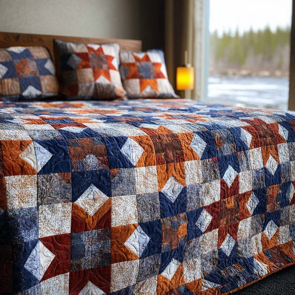 Vintage Starfire quilted 3-piece bedding set on a made bed in a farmhouse bedroom
