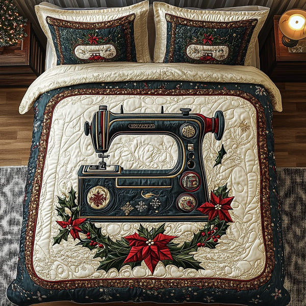 Vintage Stitch quilted 3-piece bedding set on a made bed in a farmhouse bedroom