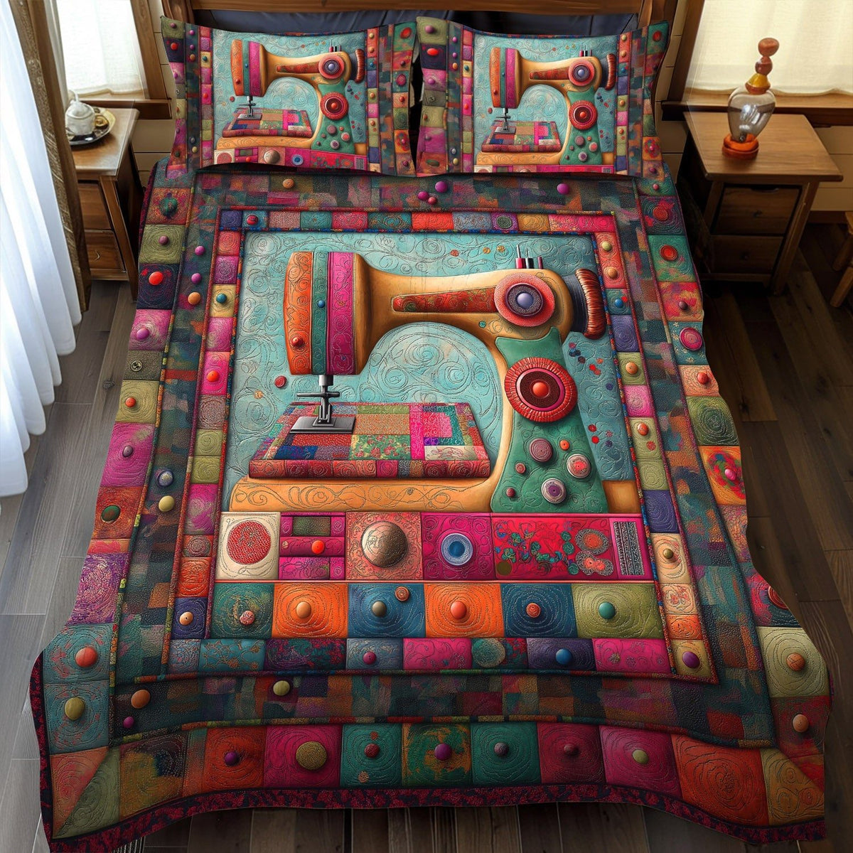 Vintage Stitch quilted 3-piece bedding set on a made bed in a farmhouse bedroom